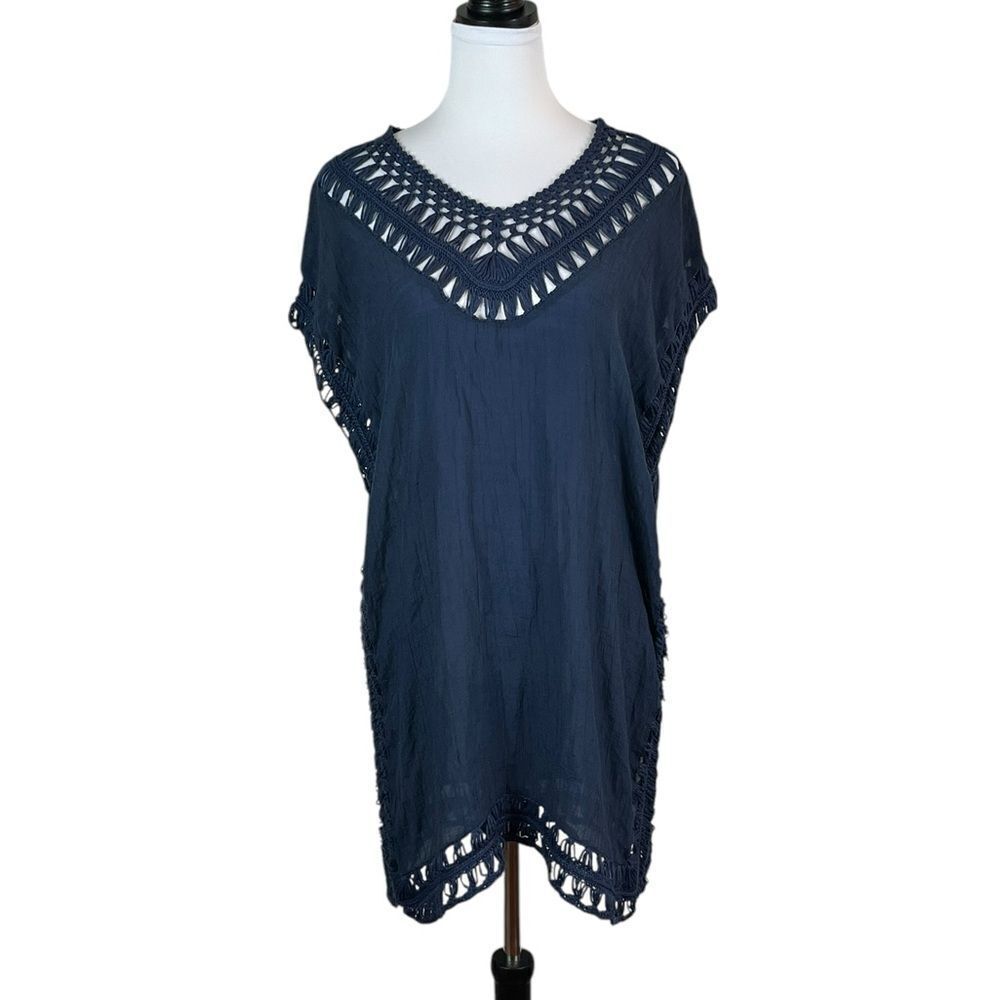 Navy Sleeveless Swim Coverup with Crochet Detail,‎ OS